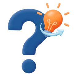 A 3D-style graphic icon on a solid black background. It features a large, smooth blue question mark. Overlapping the right side of the question mark is a glowing orange lightbulb with stylized orange dashes radiating outward from the top to represent light. A light blue arrow swoops in a curve around the silver base of the lightbulb, pointing upward and to the right.