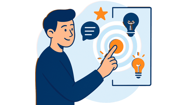 A flat-style illustration of a smiling person pressing a glowing orange button on a touchscreen. Surrounding the button are icons of a lightbulb, speech bubble, and star, all in shades of blue and orange. The background is light blue with soft, rounded shapes.