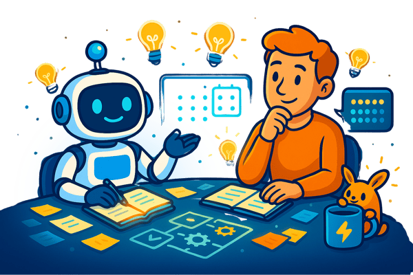  An illustration showing a smiling robot and a man sitting across from each other at a desk, collaborating. The robot is writing in an open book while the man rests his chin on his hand in a thoughtful pose. Multiple glowing light bulbs hover over them, representing ideas. The desk is covered with notes, a flowchart with a gear icon, and a rabbit sitting next to a mug. This image represents human-AI collaboration in brainstorming, creative work, and generating new ideas.