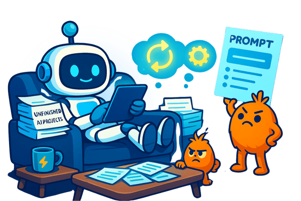  An illustration of a relaxed robot sitting on a couch and reading a tablet. Next to the robot is a stack of papers labeled 