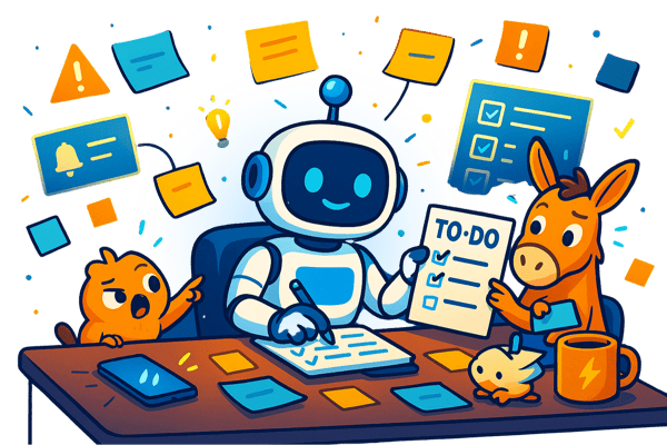  An illustration of a friendly robot, a donkey, and an orange, bird-like creature collaborating at a desk. The robot is writing on a notepad with a checklist, while the donkey holds a separate 