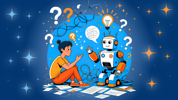 Illustration of a confused person sitting on the floor surrounded by tangled cords and scattered papers, while a friendly robot offers help with a checklist and lightbulb icon, symbolizing guidance and clarity from AI.