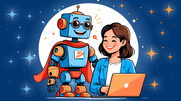 riendly cartoon robot wearing glasses and a red cape stands beside a smiling woman using a laptop, symbolizing AI as a helpful, non-techy sidekick. The background features stars and sparkles for a playful, uplifting vibe.