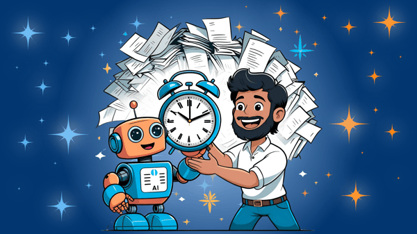 Happy man holding a large clock with a smiling cartoon robot labeled ‘AI,’ while a mountain of paperwork explodes behind them—symbolizing how ChatGPT saves hours of work. Bright stars and a fun, optimistic vibe emphasize time-saving and simplicity.