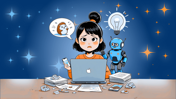 A frustrated woman sits at a cluttered desk with crumpled papers, snacks, and a laptop. She holds a phone showing a hedgehog video while a friendly robot stands behind her, offering a glowing lightbulb. The background is filled with playful stars, suggesting a spark of inspiration.
