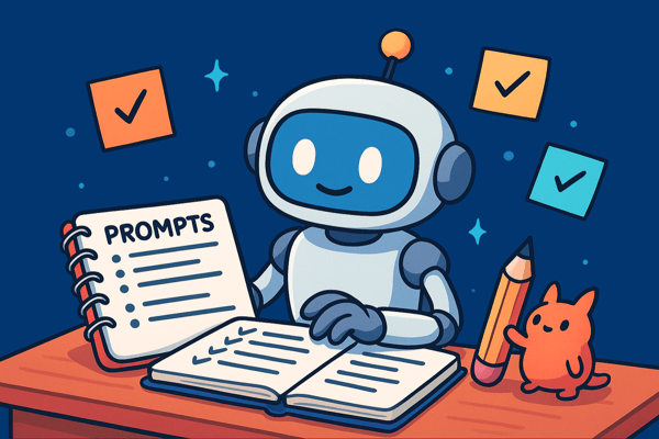An illustration of a friendly robot sitting at a desk and reviewing a notebook labeled