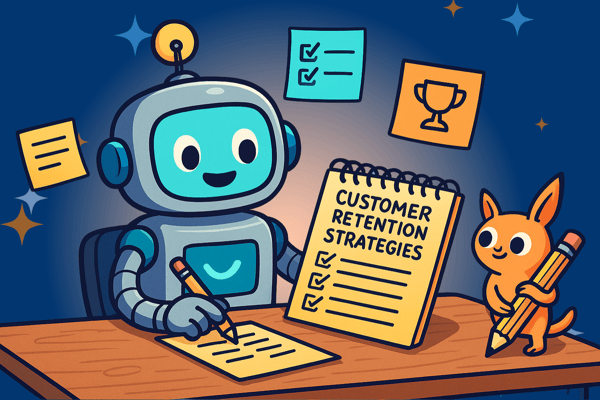 An illustration of a friendly robot and a small, orange, cat-like creature sitting at a desk. The robot is writing on a paper, while the creature is holding a large pencil. A notebook in front of them is titled