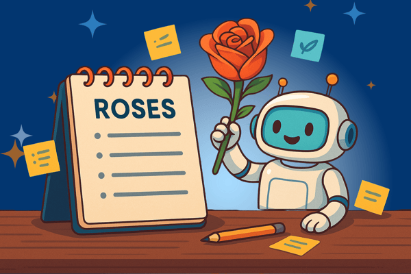 An illustration of a friendly robot holding a single orange rose while standing next to a notebook. The notebook is titled