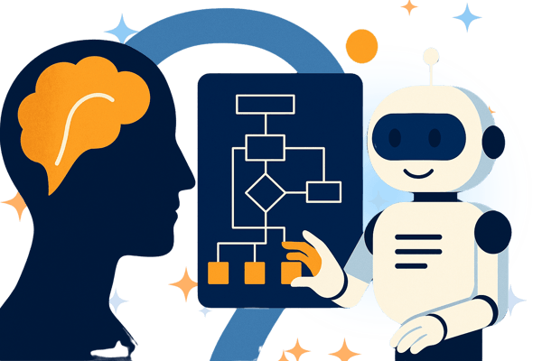  An illustration showing a friendly robot presenting a flowchart to a human silhouette. The human silhouette has an orange brain visible inside its head, representing thought or problem-solving. The robot is pointing at the flowchart, which outlines a decision-making or planning process. This image represents artificial intelligence providing a structured, logical solution for a human problem.
