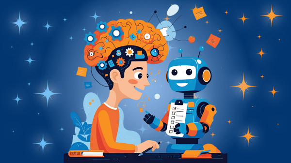 Vector illustration of a smiling person with a brain full of colorful gears and icons, collaborating with a cheerful robot holding a checklist, set against a starry blue background.