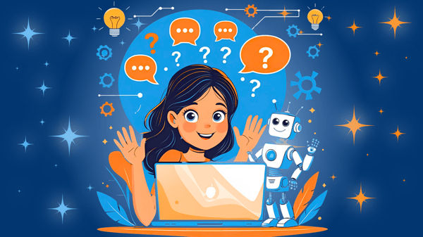 Colorful vector illustration of a smiling woman with raised hands sitting at a laptop, surrounded by floating question marks and chat bubbles, with a friendly robot waving beside her on a starry blue background.
