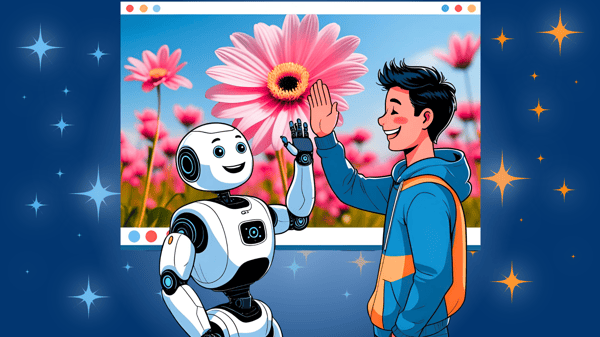“A cheerful human and a smiling robot high-fiving in front of a vibrant AI-generated image of pink flowers, symbolizing successful collaboration and creativity.