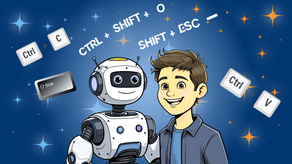 Cartoon illustration of a smiling robot and a person standing together with floating keyboard shortcut keys (Ctrl, Shift, C, V, O, and Esc) around them on a starry blue background.