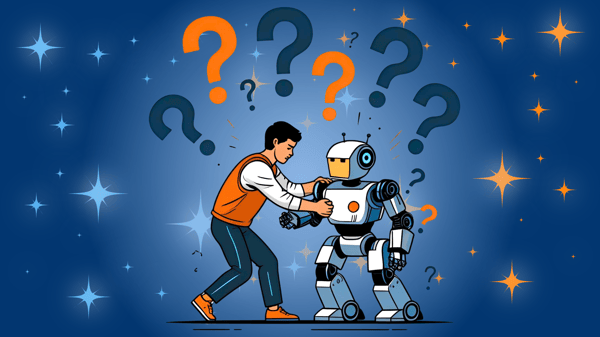  A whimsical illustration on a dark blue background filled with sparkling blue and orange stars. A person in an orange vest and dark pants leans forward, placing their hands on the shoulders of a white and blue humanoid robot. Above both figures, several large blue and orange question marks float, suggesting confusion or inquiry.