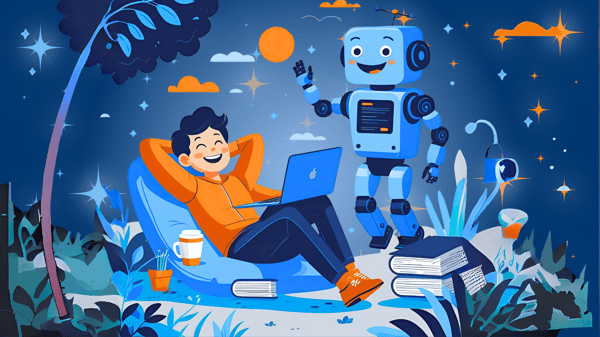 Cheerful cartoon robot standing beside a relaxed person lounging with a laptop outdoors, surrounded by books and plants, with a bright sky and stars in the background, symbolizing AI handling the work while the person enjoys free time