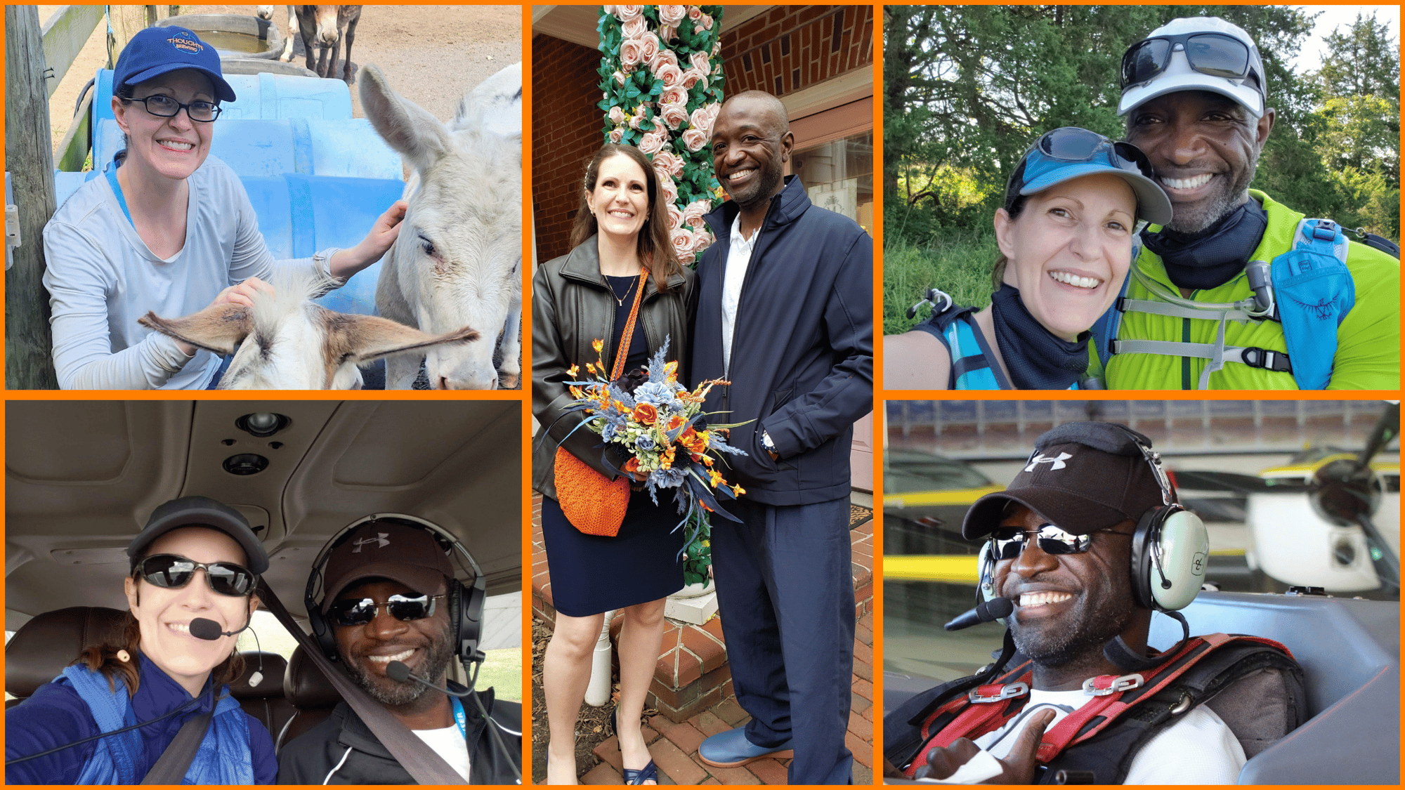 A collage of five photos featuring Danielle and Damien Griffin. Top left: Danielle smiling while petting a white donkey. Top center: Danielle and Damien dressed up and smiling, holding a vibrant bouquet. Top right: the two outdoors in hiking gear, smiling during a sunny trail walk. Bottom left: both wearing headsets and sunglasses inside a small airplane. Bottom right: Damien grinning in the cockpit of a plane, giving a thumbs up.