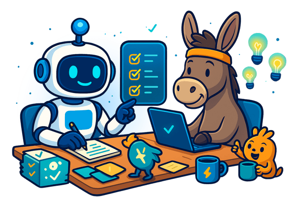  An illustration of a friendly robot and a smiling donkey, both wearing headbands, collaborating at a desk. The robot points to a digital checklist displaying three checkmarks, while the donkey works on a laptop. A small orange creature, a mug, and a cube with checkmarks are also on the desk. Three glowing light bulbs float on the right. This image represents human-AI collaboration on a project, focusing on productivity and generating ideas.