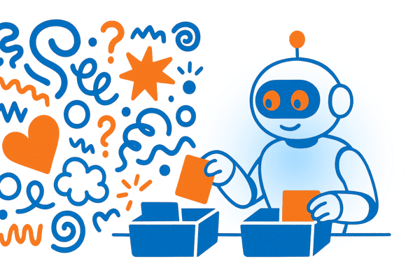  An illustration showing a friendly robot sorting various icons into two large blue boxes. On the left, a chaotic collection of blue and orange icons represents abstract data, including swirls, squiggles, question marks, a heart, a star, and a cloud. The robot is taking an orange card from one box and placing it into another, representing the act of sorting or filtering information. This image represents artificial intelligence organizing complex or unstructured data.