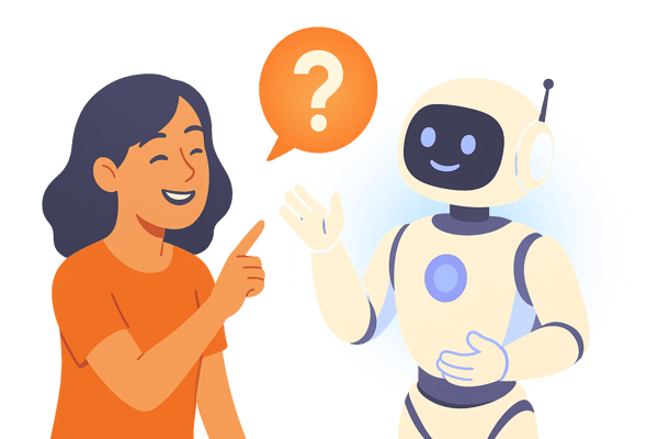  An illustration of a smiling woman pointing a finger toward a friendly robot. A large orange speech bubble with a question mark hovers between them. This image represents a user asking an artificial intelligence for help or guidance.