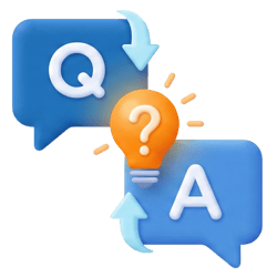 A 3D icon on a light gray background showing two blue speech bubbles: one with a white 'Q' (Question) and the other with a white 'A' (Answer). An orange lightbulb with a question mark inside is centered between them, symbolizing a cycle of questions, ideas, and answers.