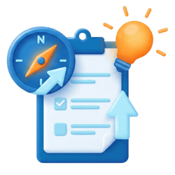 A 3D icon on a light gray background, showing a blue clipboard with a checklist. A blue compass and a glowing orange lightbulb are positioned above the clipboard, with an upward-pointing arrow crossing over it, symbolizing strategic direction and growth.