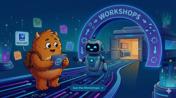 A cartoon illustration shows an orange monster character holding a tablet with a 