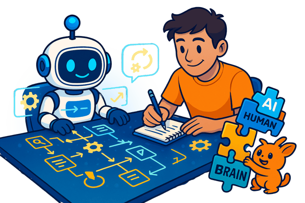  An illustration showing a smiling man and a friendly robot collaborating on a complex task. The man is writing in a notebook while the robot points to a large blue and yellow flowchart on the desk, representing a strategic plan or workflow. To the side, a small creature holds a stack of three puzzle pieces labeled AI, HUMAN, and BRAIN. This image represents human-AI collaboration in strategy and problem-solving.