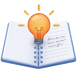 An icon showing a 3D-style illustration of an open spiral-bound notebook with a blue cover. Floating centrally over the notebook's silver spiral spine is a glowing orange lightbulb with soft yellow light rays radiating from the top. The right page of the notebook contains faint, decorative cursive script lines.
