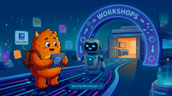 A cartoon illustration shows an orange monster character holding a tablet with a 