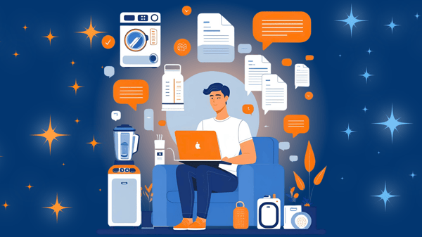 Vector illustration of a person sitting on a couch with a laptop, surrounded by household appliances, floating documents, and chat bubbles—representing AI-powered organization of home manuals using NotebookLM.