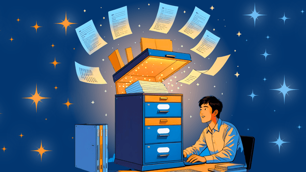 Illustration of a person at a desk looking at a glowing, magical filing cabinet with papers flying out in an arc—representing how NotebookLM organizes and surfaces information from documents.