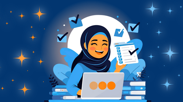 Illustration of a smiling woman in a hijab sitting at a laptop surrounded by books and blue checkmarks, holding a completed checklist. The background features a glowing moon and starry sky in calming blue and orange tones, symbolizing success and clarity in completing tasks.