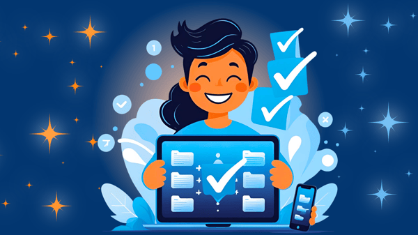 Vector illustration of a smiling person holding a laptop with organized folders and a large checkmark, while also holding a phone showing fewer features. Surrounded by floating checkmarks and glowing icons on a blue starry background, representing successful task completion and the power of the desktop experience.