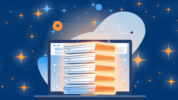 Vector illustration of a laptop with glowing stacked books on the screen, connected by abstract digital lines and surrounded by stars, symbolizing organized knowledge and AI-powered insights.