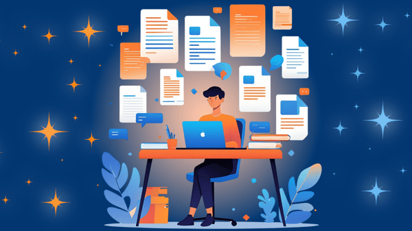 Illustration of a person using a laptop at a desk, surrounded by floating documents and chat bubbles in blue and orange tones, representing organized AI-powered research and summarization.