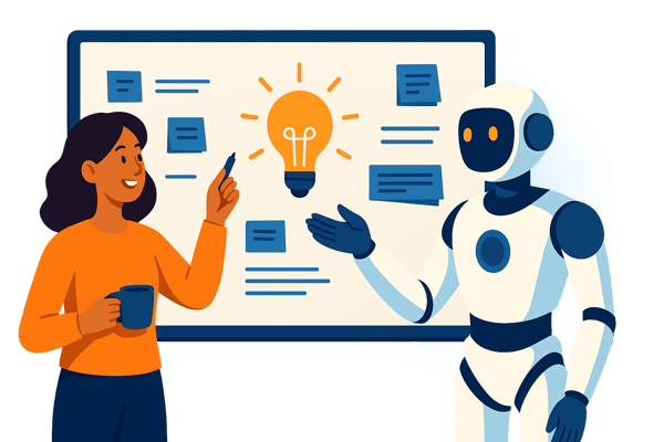  An illustration showing a smiling woman holding a mug and a pen, standing next to a friendly, white and blue robot. They are looking at a whiteboard covered with sticky notes and lines of text, with a large, glowing light bulb at the center. The robot has one hand outstretched as if presenting the information. This image represents collaboration between a human and AI on brainstorming, organizing ideas, and problem-solving.