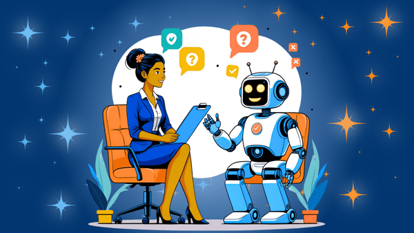 ector illustration of a woman in a blue suit holding a clipboard, conducting a mock interview with a smiling robot. Colorful speech bubbles with check marks and question marks float above them, set against a starry blue background.