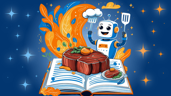 A cheerful robot dressed as a chef holding a spatula and chef’s hat, standing behind an open book with a large, juicy steak and vegetables on its pages, surrounded by colorful swirls and stars.