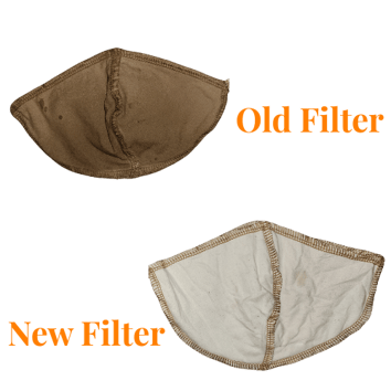 Photo of two cloth coffee filters - one old and darkly stained, one new and white