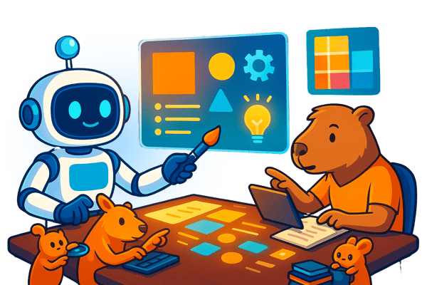  An illustration of a friendly robot and a capybara collaborating on a design project. The robot holds a paintbrush and points to a translucent screen displaying a dashboard with geometric shapes, a gear, and a light bulb. The capybara sits across the desk, pointing to a laptop. Several smaller capybaras assist them by pointing at notes on the desk. This image represents artificial intelligence assisting with creative design and collaborative workflow.
