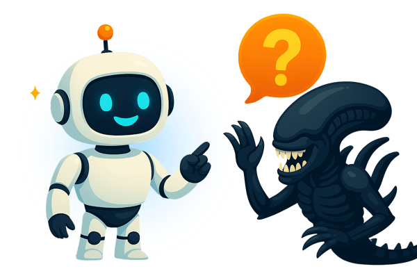  An illustration of a friendly robot facing a dark, skeletal, alien-like creature with sharp teeth. The robot is pointing a finger, and the alien has an orange thought bubble with a question mark over its head. This image humorously represents artificial intelligence communicating with or attempting to understand a strange or foreign entity.