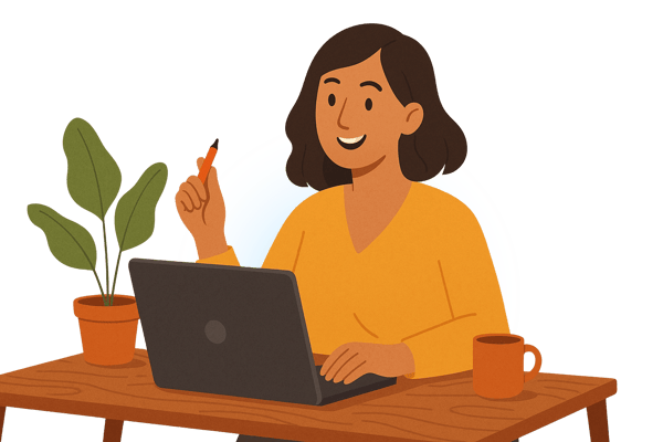  An illustration of a smiling woman with dark hair sitting at a wooden desk and working on a laptop. She is holding a pen or pencil up in her right hand as if she just had an idea. A potted plant and a mug are also on the desk. This image represents a person working creatively or productively on a computer.