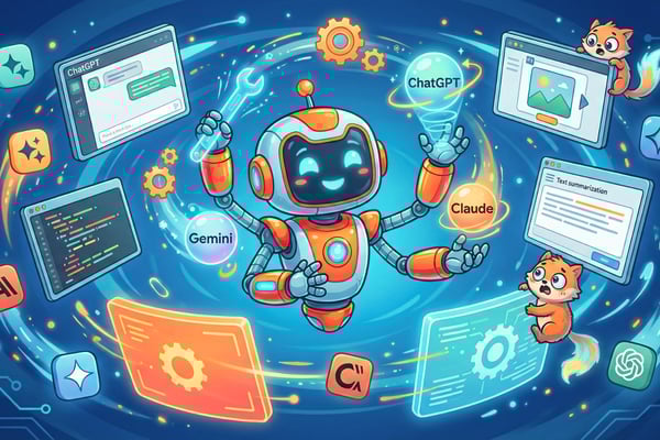 An illustration of a multi-armed, orange robot floating in a swirling digital space, holding a wrench and surrounded by various AI tools and interfaces. The tools include orbs labeled ChatGPT, Gemini, and Claude, alongside screens displaying code, a chat interface, and images. Two small cat-like creatures are also observing the activity. This image represents the complexity and variety of the AI ecosystem.