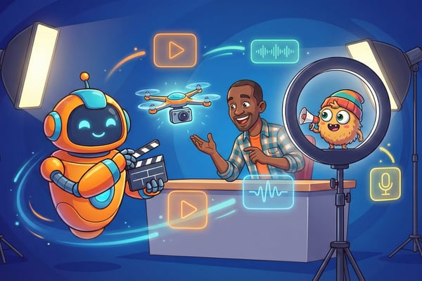 An illustration of an orange robot holding a director's clapboard, working on a video set with a smiling man sitting at a desk. The set includes large studio lights and a ring light holding a small, orange, talking creature. A camera drone hovers overhead. Floating icons for a play button, microphone, and sound waves are visible. This image represents AI assisting in video production and content creation.