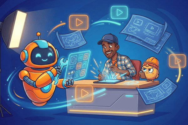  An illustration of an orange robot helping a smiling man sitting at a desk and working on a tablet. The robot holds a wrench and is presenting a holographic screen with icons for settings, a light bulb, and video. Blueprints for video production, floating play button icons, and a studio light surround them. A small, orange, construction-hat-wearing creature is watching the process. This image represents AI assisting with video production, design, and technical workflow.
