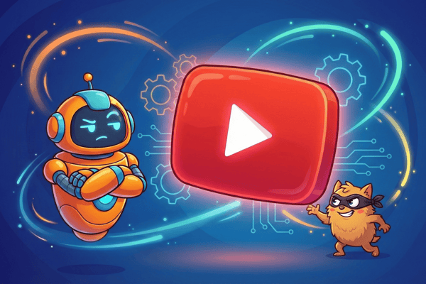  An illustration featuring a skeptical, orange robot with its arms crossed, standing next to a large, glowing YouTube Play button logo. On the right, a small, mischievous, masked creature is gesturing toward the logo. Gears and circuit lines float in the background. 