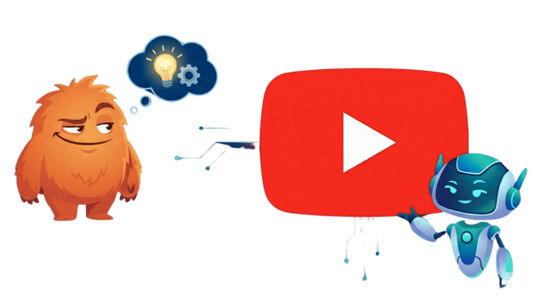 An illustration with a deep blue background features an orange, furry monster with a sly expression and a thought bubble containing a lightbulb and gear on the left. Lines connect it to a large, glowing red YouTube play button icon in the center. On the right, a blue and white robot character gestures towards the YouTube icon.