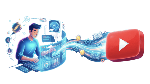An illustration showing a man smiling and actively working with AI on a holographic interface, with a stream of knowledge icons like books and lightbulbs flowing towards a large red YouTube play button.