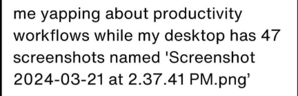 Screenshot of post saying: me yapping about productivity workflows while my desktop has 47 screenshots named 'Screenshot 2024-03-21 at 2.37.41 PM.png'