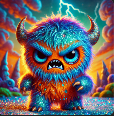  A highly-detailed digital illustration of a small, round, furry monster with glowing blue eyes, sharp teeth, and two horns. Its fur is a mix of bright orange and turquoise blue with specks of glitter. The monster is standing on a dark, glistening ground, and in the background, a lightning bolt flashes in a cloudy orange and purple sky.